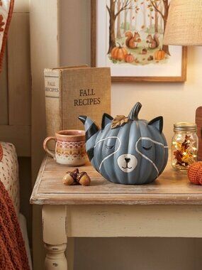 Fall Raccoon Pumpkin Figurine Blue Gray Woodland Animal Autumn Halloween Decor